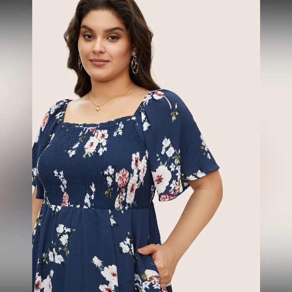 NEW Floral Square Neck Ruffles Pocket Shirred Split Dress Sz 12 - Picture 10 of 10